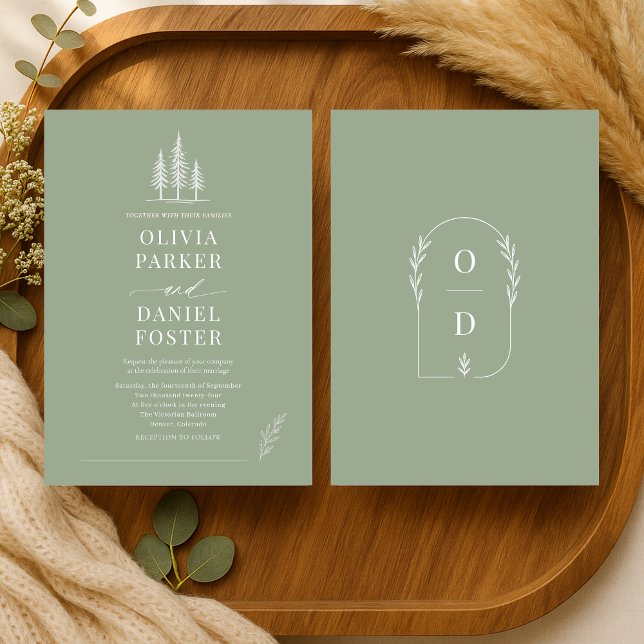 Invitation Sage Green Line Art Rustic Forest Wedding (Créateur téléchargé)
