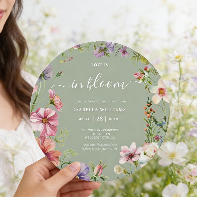 Invitation Sage Green Love in Bloom Floral Bridal Shower (Front of round 5.25 inch invite is shown, choose paper and corner style. Add a QR Code to the back.)