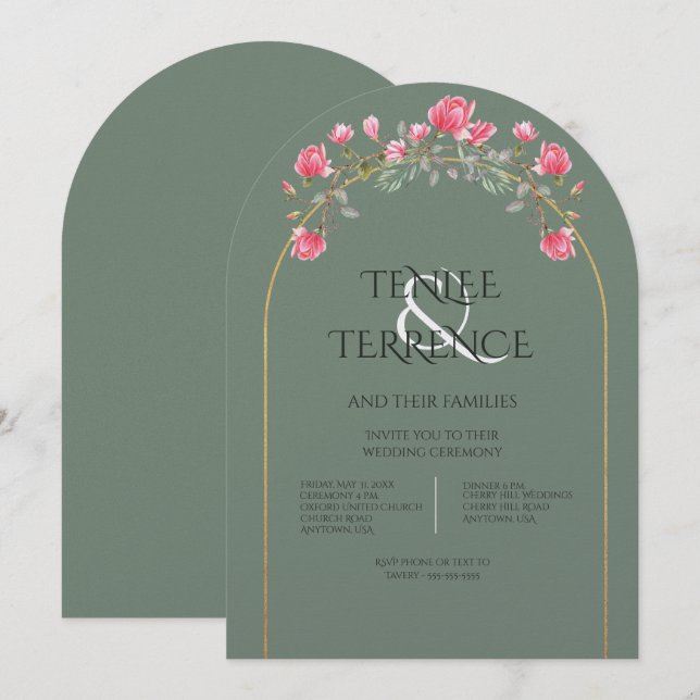 Invitation Sage Green Magnolia Blossoms Gold Frame Wedding  (Devant / Derrière)
