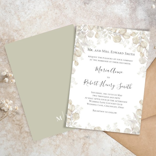Invitation Sage Green Mariage élégant Formel (Simple and elegant sage green and cream foliage wedding invitation.)