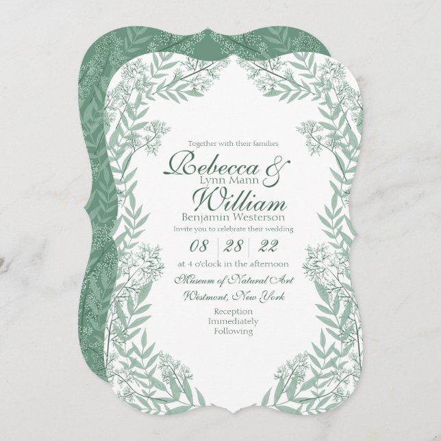 Invitation Sage Green Mariage Vintage Botanique (Devant / Derrière)