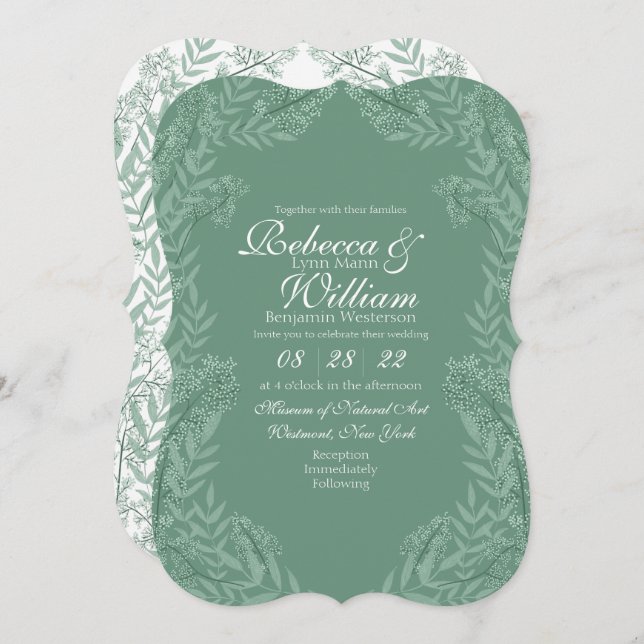 Invitation Sage Green Mariage Vintage Botanique (Devant / Derrière)