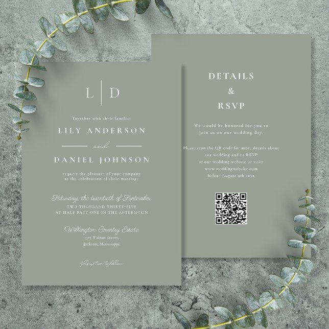 Invitation Sage Green Minimaliste Monogramme QR Code Mariage (Sage Green Minimalist Monogram QR Code Wedding Invitation)