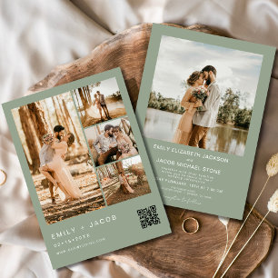 Invitation Sage Green Minimaliste Photo Code QR Mariage
