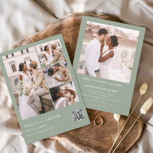 Invitation Sage Green Minimaliste Photo Code QR Mariage blanc