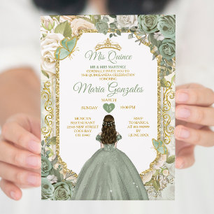 Invitation Sage Green Mis Quince 15 Anos Gold Crown Butterfly