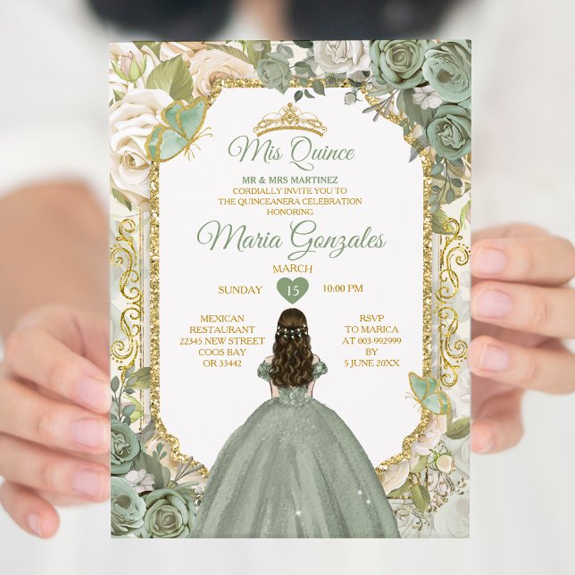 Invitation Sage Green Mis Quince 15 Anos Gold Crown Butterfly (Créateur téléchargé)