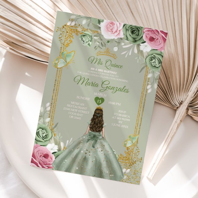 Invitation Sage Green Mis Quince 15 Anos Robes Fleurs Roses (Créateur téléchargé)