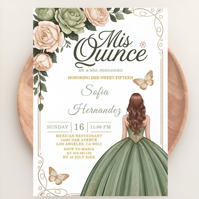Invitation Sage Green Mis XV Couronne Dorée Papillon (Créateur téléchargé)