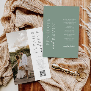 Invitation Sage Green Moderne Minimal Mariage Photo QR Code