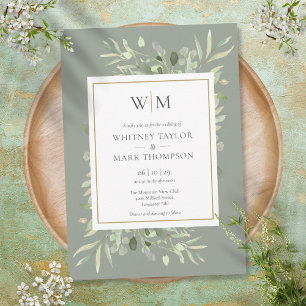 Invitation Sage Green Moderne Monogramme Mariage de verdure