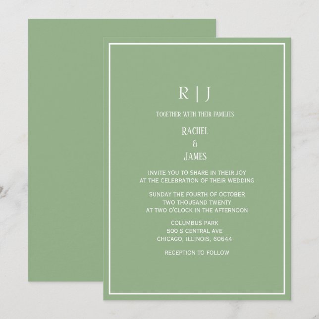 Invitation Sage Green Monogram Initials Elegant Wedding (Devant / Derrière)