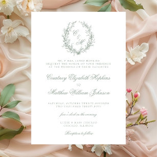 Invitation Sage Green Monogramme Botanique Crest Mariage