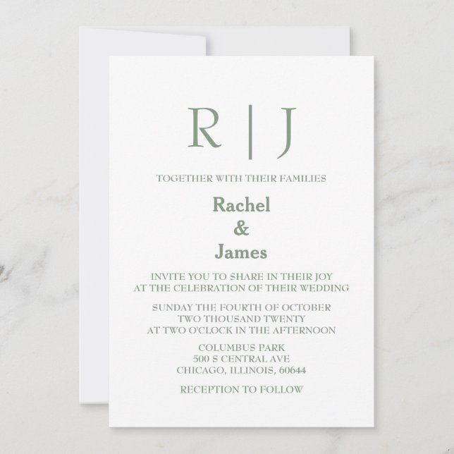 Invitation Sage Green Monogramme QR Code Classy Minimal Maria (Devant)