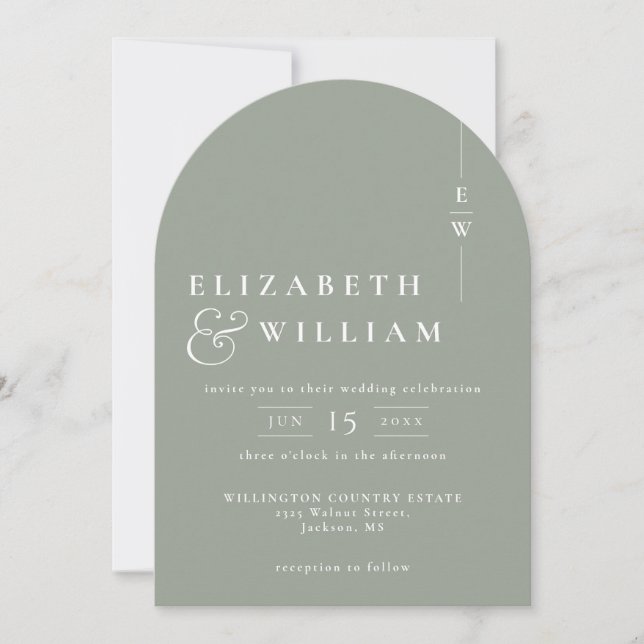Invitation Sage Green Monogramme QR Code Photo Mariage Arch (Devant)