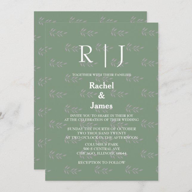 Invitation Sage Green Monogrammes QR Code Leaf Motif Mariage (Devant / Derrière)