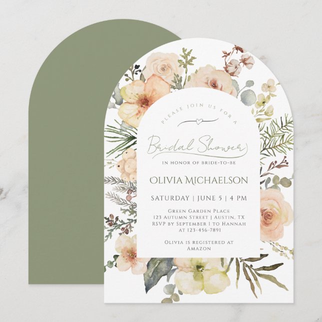 Invitation Sage Green Noël Fleurs d'hiver Shower de Mariée (Devant / Derrière)
