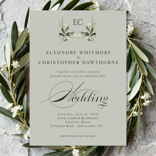 Invitation Sage Green Olive Branch Monogram Photo Wedding (Créateur téléchargé)