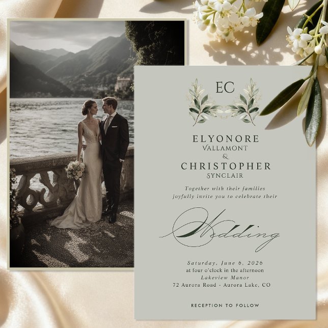Invitation Sage Green Olive Branch Monogram Photo Wedding (Créateur téléchargé)
