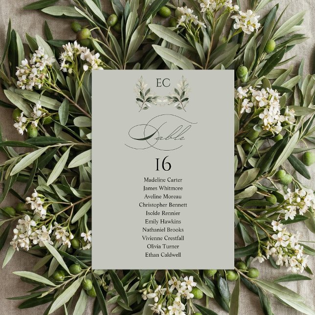 Invitation Sage Green Olive Branch Monogram Table Number (Créateur téléchargé)
