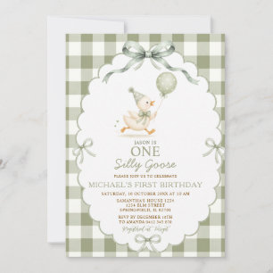 Invitation Sage Green One Silly Goose 1er Anniversaire Gingha