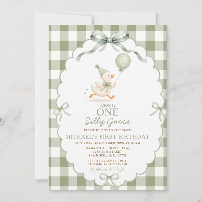 Invitation Sage Green One Silly Goose 1er Anniversaire Gingha (Devant)