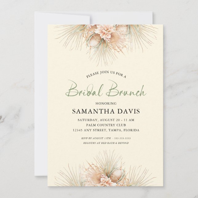 Invitation Sage Green Palms Séchés Boho Bridal Brunch (Devant)