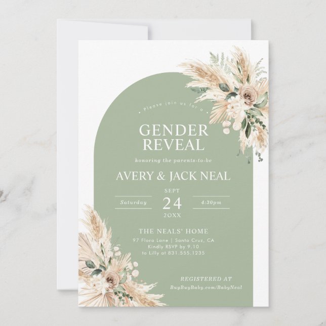 Invitation Sage Green Pampas Grass Baby Genre Revela (Devant)
