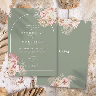 Invitation Sage Green Pampas Grass Boho Arch Floral