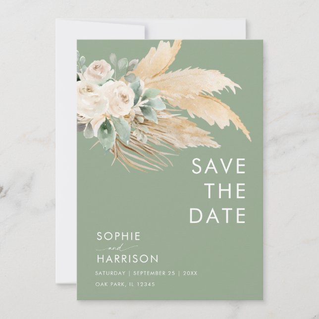 Invitation Sage Green Pampas Grass Boho Enregistrer La Date (Devant)