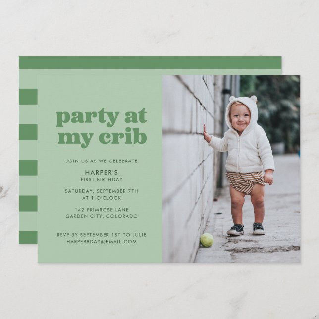 Invitation Sage Green Party à My Crib 1er anniversaire (Devant / Derrière)