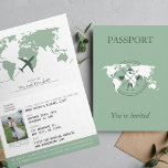 Invitation Sage Green Passeport Destination Mariage<br><div class="desc">Voici notre faire-part de mariage pliée élégante et unique, conçue pour ressembler à un passeport ! Cette invitation présente une photo stupéfiante du couple heureux contre un bel arrière - plan vert sage. La couverture de devant présente une carte du monde détaillée, ajoutant une touche d'aventure et un attrait global...</div>