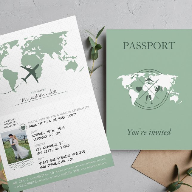 Invitation Sage Green Passeport Destination Mariage (Créateur téléchargé)