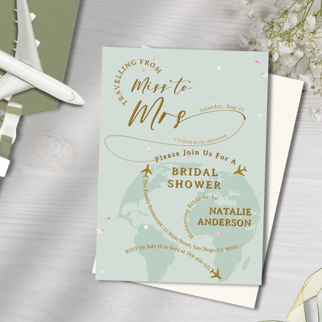 Invitation Sage Green Pétales Voyager à Mme Fête des mariées (Sage Green Petals Travelling to Mrs Bridal Shower Invitation)