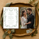 Invitation Sage Green Photo Floral Victorian Mariage français<br><div class="desc">Annoncez votre journée spéciale avec cet élégant faire-part de mariage victorien vert sauge. Doté d'une floraison botanique d'inspiration française, d'une typographie raffinée et d'une disposition intemporelle, cet article offre de l'espace pour une photo fiançailles 5x7 à l'arrière. Parfait pour les couples qui aiment le romantisme classique avec une palette douce...</div>