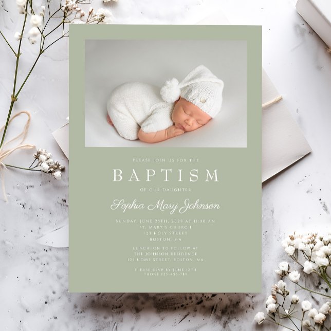 Invitation Sage Green Photo moderne Baptême (Sage Green Modern Photo Baptism Invitation)