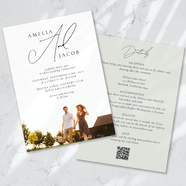Invitation Sage Green Photo moderne QR Code Tout en un Mariag (Créateur téléchargé)