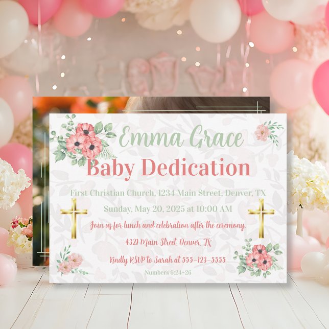Invitation Sage Green & Pink Floral Photo Baby Dedication  (Créateur téléchargé)
