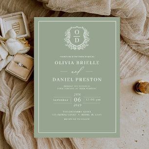 Invitation Sage Green Poitrine feutrée Monogramme Mariage élé