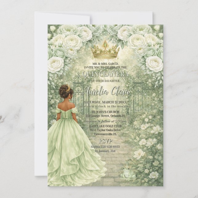 Invitation Sage Green Princess & Frog Fairytale Quinceañera  (Devant)