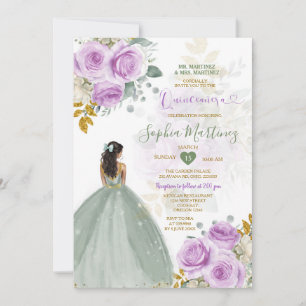 Invitation Sage Green Princess Purple Floral Gold Quiñceanera