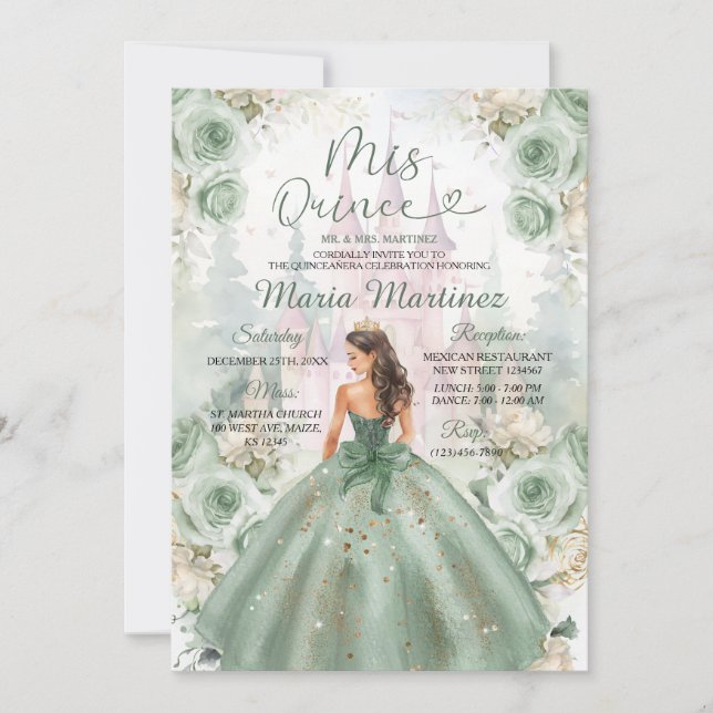 Invitation Sage Green Princesse et Château Floral Mis Quince (Devant)