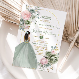Invitation Sage Green Princesse Robe Rose Floral Quiñceanera