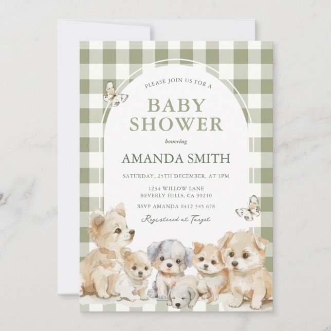 Invitation Sage Green Puppy Dog Boy Baby Shower  (Devant)