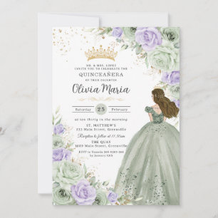 Invitation Sage Green Purple Floral Princesse Gown Quinceañer