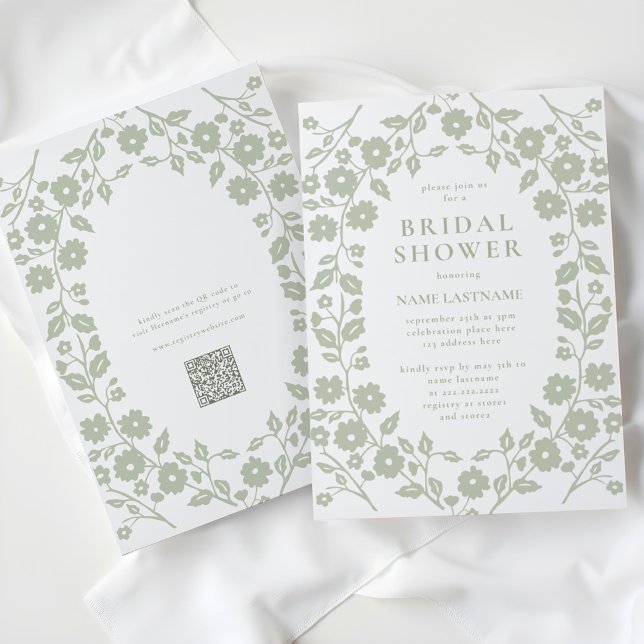 Invitation Sage Green QR Code Blanc Folk Floral Fête des mari (Créateur téléchargé)