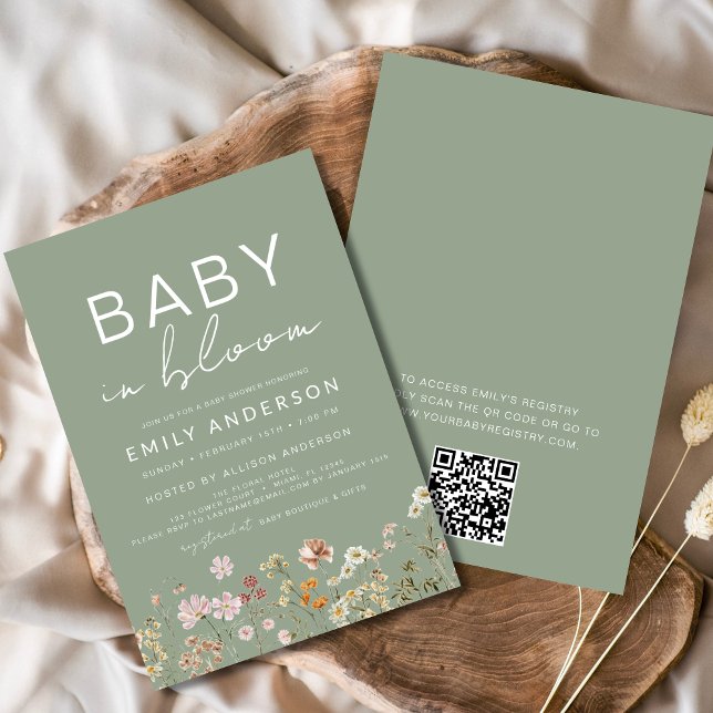 Invitation Sage Green QR Code Fleur sauvage Baby in Bloom Dou (Créateur téléchargé)