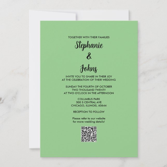Invitation Sage Green QR Code noir Script simple Mariage (Devant)