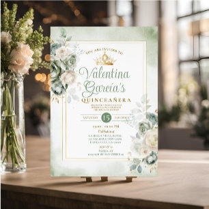 Invitation Sage Green Quinceañera 15 Anos Fleurs Or Couronne