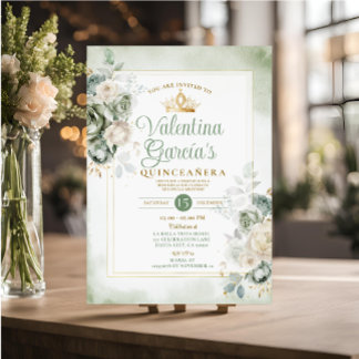 Invitation Sage Green Quinceañera 15 Anos Fleurs Or Couronne